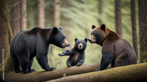 Amazing black bear are climbing in the forest and wants to play with his friend Two bears are fighting ind the trees and trying to stay on the tree Just wonderful animals
 photo