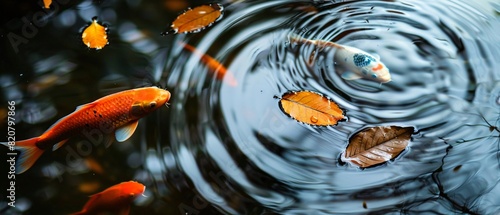 orange koi fish swims in clear water, and leaves dropping on the water make ripples.