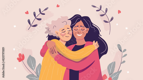 Happy adult daughter hugging old mother feeling love