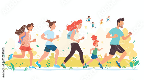 Happy and healthy family with kids jogging or running