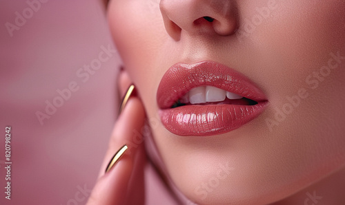 Closeup of woman's glossy pink lips with hand touching chin in beauty and fashion style