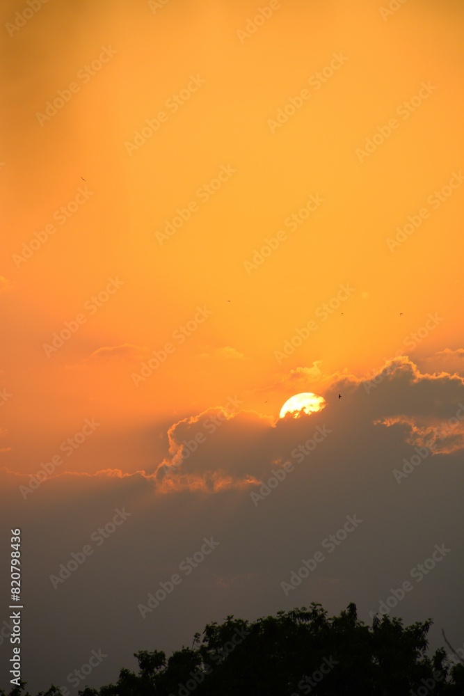 Fototapeta premium the setting sun is almost above the clouds that are almost yellow
