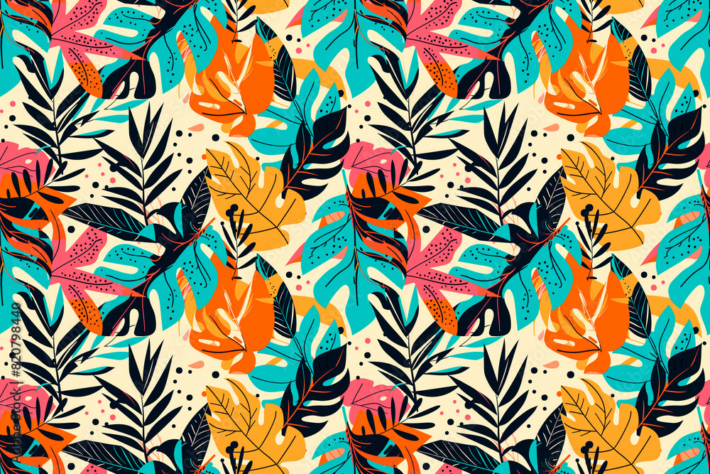 Fototapeta premium Vibrant seamless pattern with colorful tropical leaves on a light background, perfect for lively and exotic decorative designs.