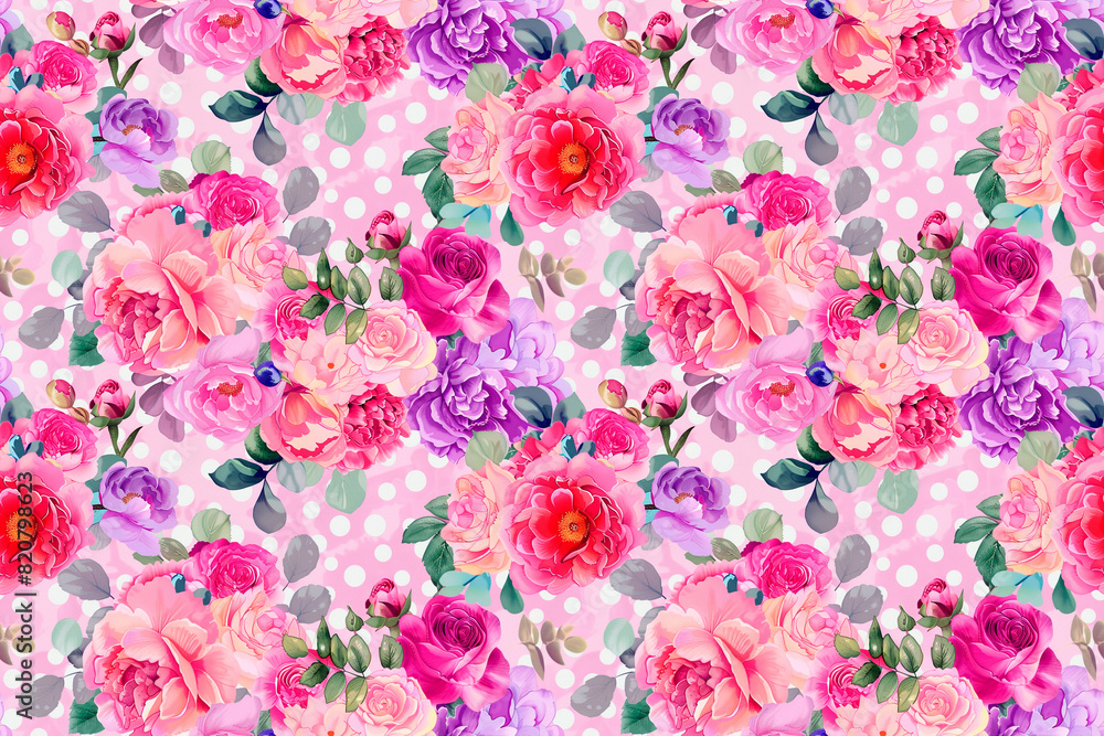 Seamless pattern with colorful roses and peonies on a polka dot background, ideal for romantic and elegant designs Seamless pattern with colorful roses and peonies on a polka dot background, ideal for romantic and elegant designs