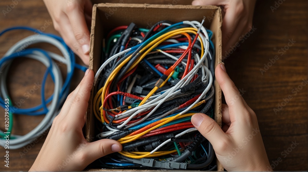 Hands holding pile of tangled old smart technology wires, used charging