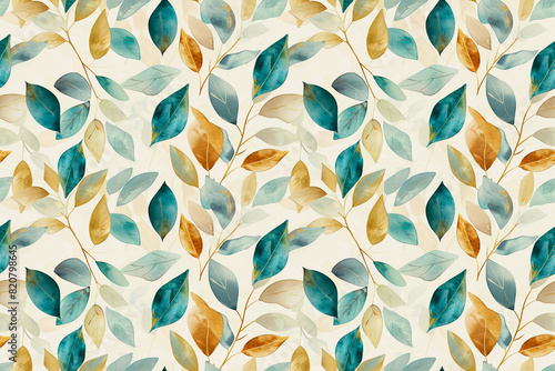 Seamless pattern with elegant blue and gold leaves, creating a sophisticated botanical decoration for various designs