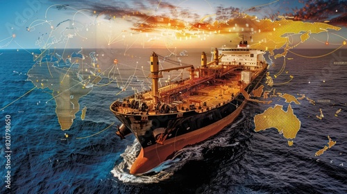 Fototapeta Naklejka Na Ścianę i Meble -  Cargo ships ply the oceans of continents, delivering goods, with a double exposure world map background, symbolizing the import-export business.