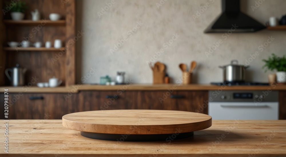 Empty beautiful round wood tabletop counter on interior in clean and bright kitchen background, Ready for display, Banner, for product montage Empty beautiful round wood tabletop counter on interior in clean and bright kitchen background, Ready for display, Banner, for product montage