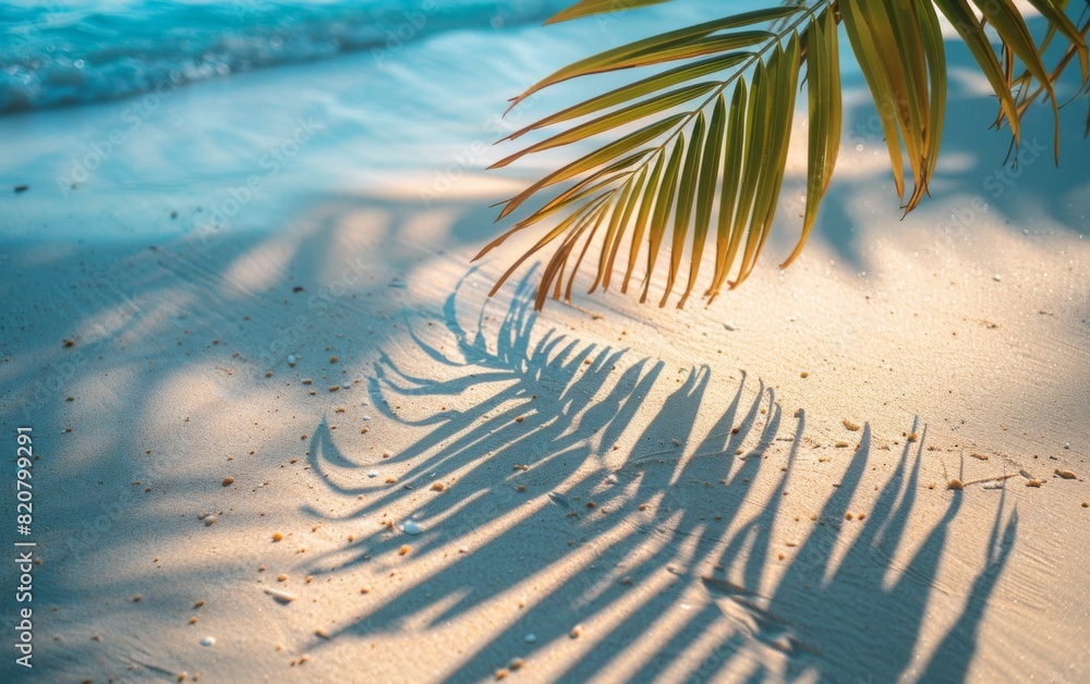 A palm tree casting a shadow on a sandy beach under the bright sun of summer A palm tree casting a shadow on a sandy beach under the bright sun of summer