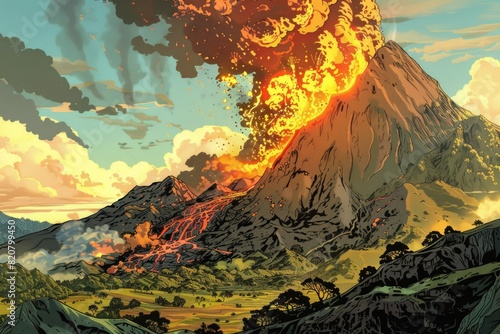A powerful volcano erupting from the ground. Suitable for educational materials or natural disaster themes