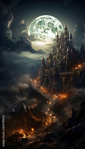 Fantasy landscape with spooky castle and full moon, 3d illustration