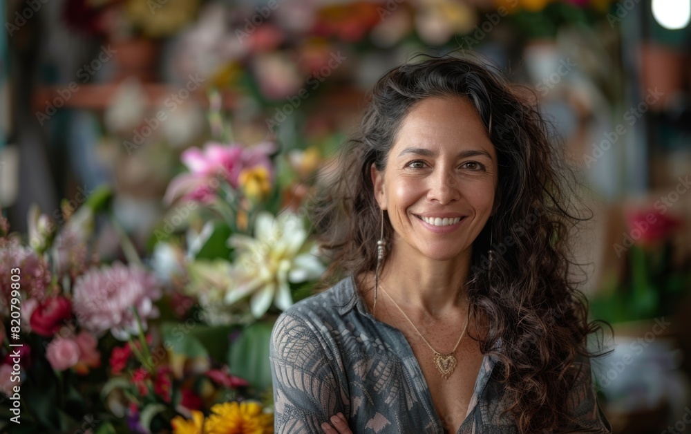 A smiling Hispanic woman stands in front of a colorful bunch of flowers A smiling Hispanic woman stands in front of a colorful bunch of flowers