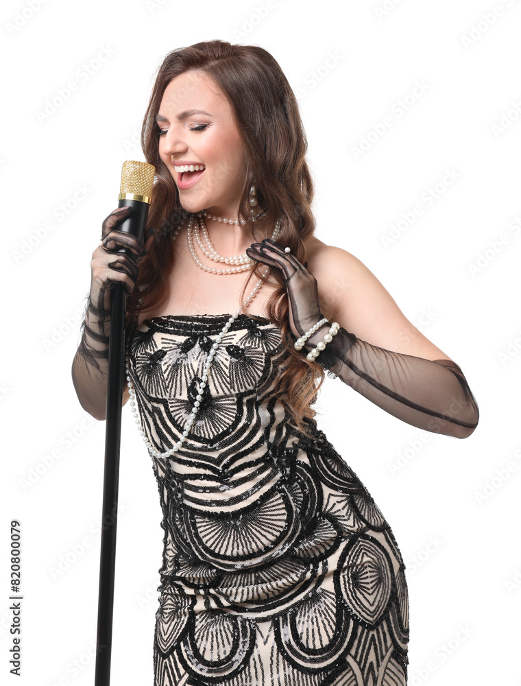 Beautiful young woman in stylish dress with microphone singing on white background Beautiful young woman in stylish dress with microphone singing on white background