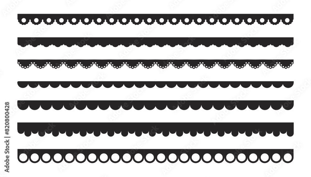 Scalloped edge border frilly stroke divider black silhouette stripe, tape collection isolated on white background. Traditional simple ornament with circles, embroidery ribbon. Scalloped edge border frilly stroke divider black silhouette stripe, tape collection isolated on white background. Traditional simple ornament with circles, embroidery ribbon.