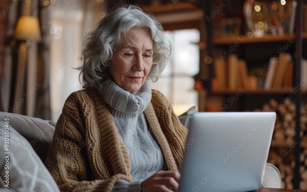 An older woman with a smile sits on a couch using a laptop computer An older woman with a smile sits on a couch using a laptop computer