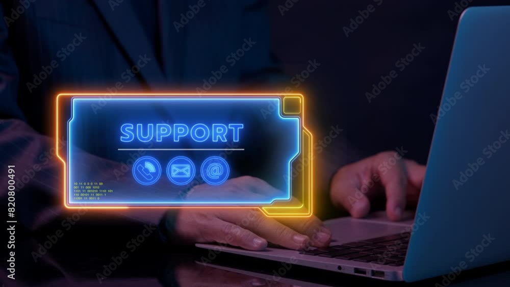 Support center, contact us, call center and customer service help. Business and technology concept. Businessman using computer laptop to show support icons on virtual screen. Support center, contact us, call center and customer service help. Business and technology concept. Businessman using computer laptop to show support icons on virtual screen.