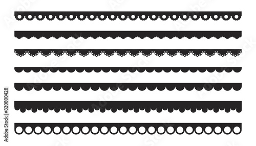 Scalloped edge border frilly stroke divider black silhouette stripe, tape collection isolated on white background. Traditional simple ornament with circles, embroidery ribbon.