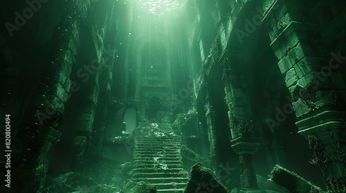 An underwater ancient temple with stone columns and stairs  illuminated by greenish light filtering through the water. The temple is covered in algae and moss