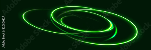 Green shiny sparks of spiral wave. Curved bright speed line swirls. Shiny wavy path. Rotating dynamic neon circle. Magic golden swirl with highlights.