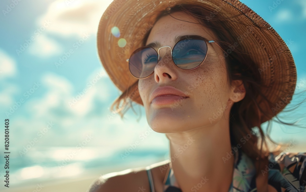 A stylish casual woman is enjoying the sun on a tropical beach while wearing a hat and sunglasses A stylish casual woman is enjoying the sun on a tropical beach while wearing a hat and sunglasses