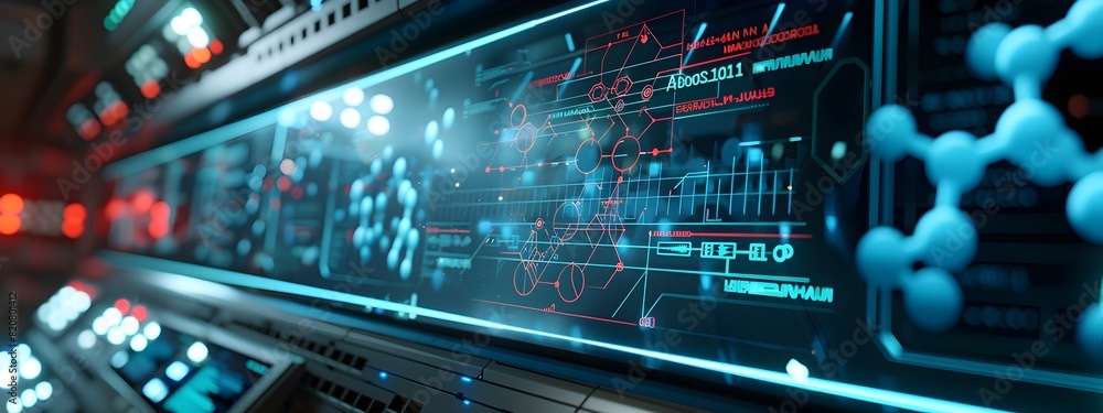 HighTech Control Panel A D Rendered Interface Brimming with Molecular Diagrams and Data HighTech Control Panel A D Rendered Interface Brimming with Molecular Diagrams and Data