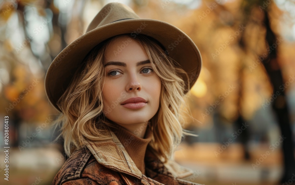 A woman with a hat and jacket, looking away A woman with a hat and jacket, looking away