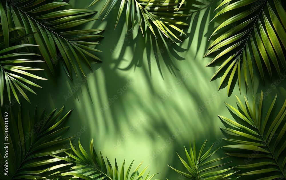 Green palm leaves creating a lush and tropical background with shadows Green palm leaves creating a lush and tropical background with shadows