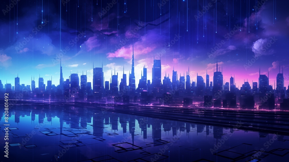 Futuristic City Skyline at Night with Neon Lights and Reflection on Rainy Evening