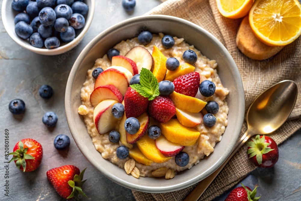 Oatmeal porridge with fruit and berries in bowl with spoon on table top view. Oatmeal porridge with fruit and berries in bowl with spoon on table top view.