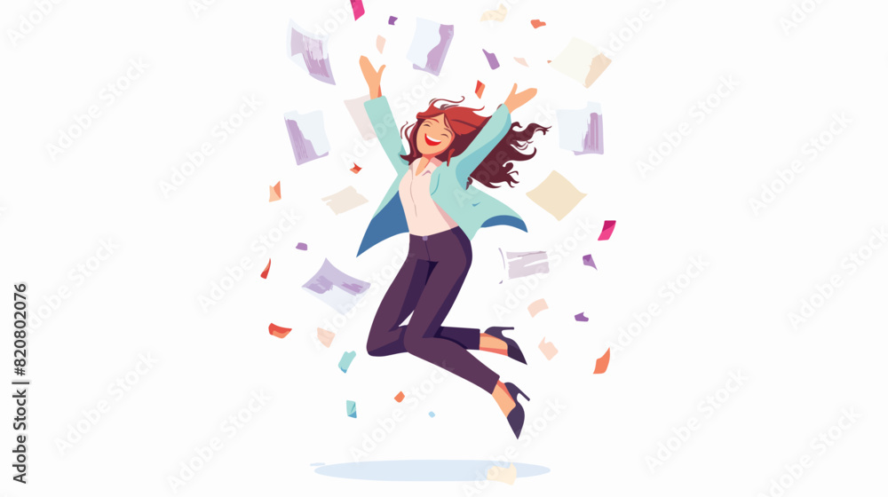 Happy funny woman manager or clerk throwing paper docment