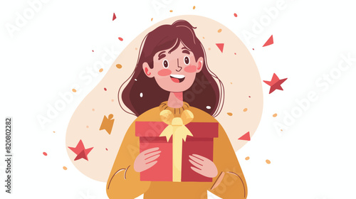 Happy girl with gift box in hand. Smiling excited women