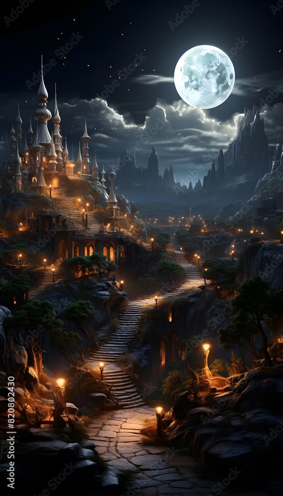 Fantasy landscape with castle and moon at night. 3d rendering