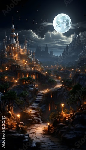 Fantasy landscape with castle and moon at night. 3d rendering