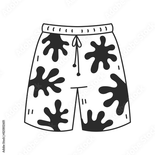 Beach shorts for men doodle illustration. Hand drawn vector black line summer garment with whimsical print. Isolated on white background