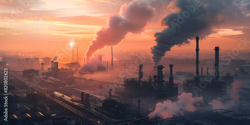 Large industrial chimneys emit thick smoke leading to air pollution against a backdrop of a dull