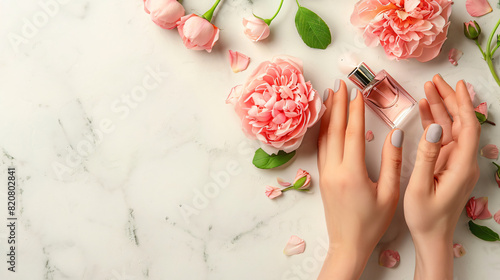 Hands with beautiful manicure flowers and perfume 
