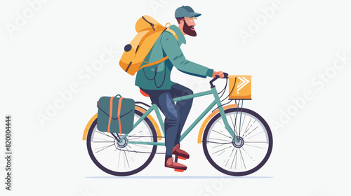 Happy man with bag riding city bicycle vector flat 
