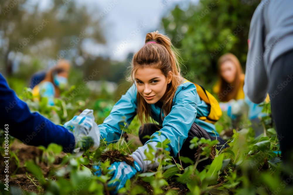 A young woman volunteering in a community garden, working with others to plant greenery and promote environmental conservation. A young woman volunteering in a community garden, working with others to plant greenery and promote environmental conservation.