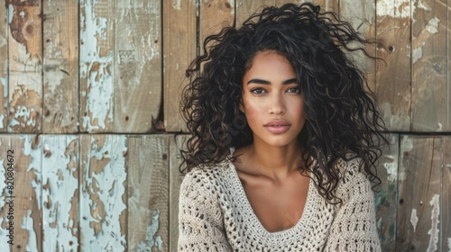 Confident African American Woman with Curly Hair by Wooden Background