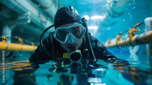 Engineer in a wetsuit examining fiber optic cable installations underwater photo