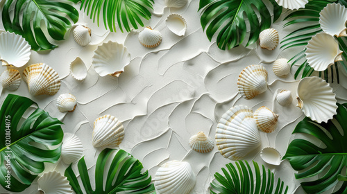 white texture background with shells and plants, plaster figures, bas-relief, architecture, wallpaper, wall, design, decor, interior, apartment, waves, marine style, place for text, layout, blank photo