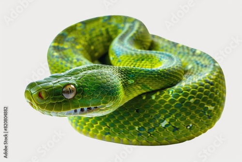Close up of a green snake on a white background. Suitable for nature and wildlife themes