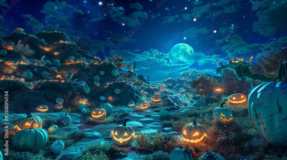 Fototapeta premium Enchanted Halloween Night: Moonlit Pumpkin Patch Under Starry Sky