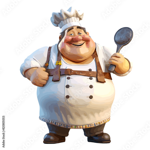 Cartoon illustration of a chef in an apron holding a spoon.