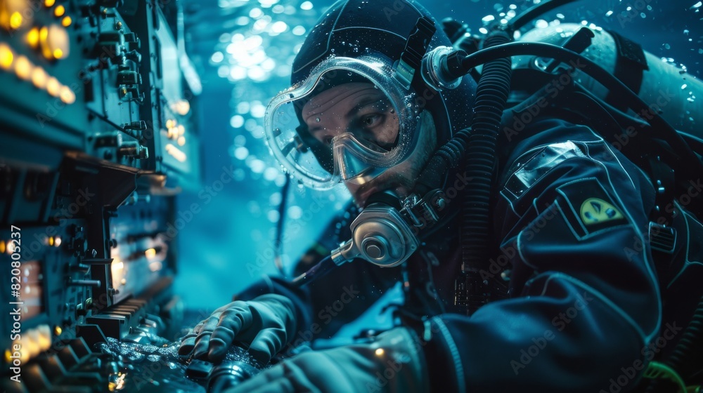 Engineer in diving gear inspecting underwater fiber optic cables, overlaid with control panel visuals Engineer in diving gear inspecting underwater fiber optic cables, overlaid with control panel visuals