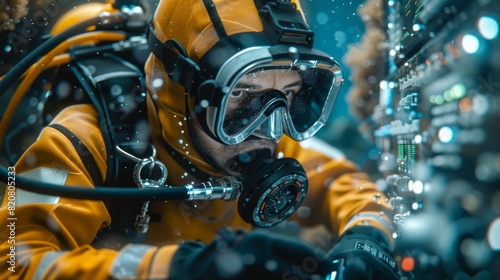 Engineer in diving gear inspecting underwater fiber optic cables, overlaid with control panel visuals photo