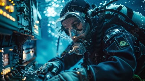 Engineer in diving gear inspecting underwater fiber optic cables, overlaid with control panel visuals photo