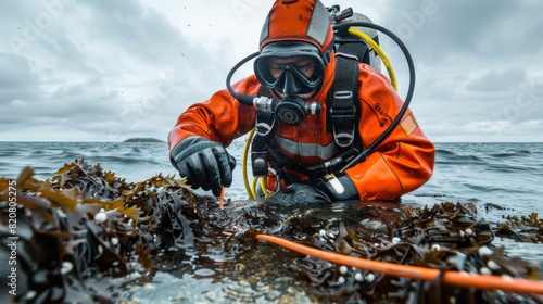 Engineer in diving gear placing fiber optic cables on the ocean bed photo