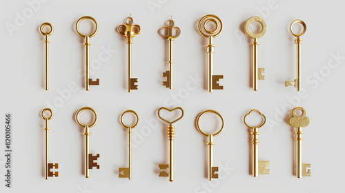Aesthetic set of 3d different golden old vintage door keys on white clean background, minimalism concept. Generative AI