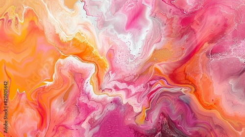 An abstract painting with pink and orange swirls
